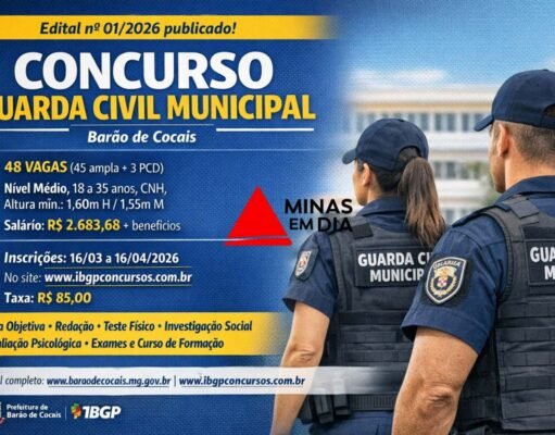 Barão de Cocais abre concurso da Guarda Municipal com 48 vagas e salário de R$ 2,6 mil