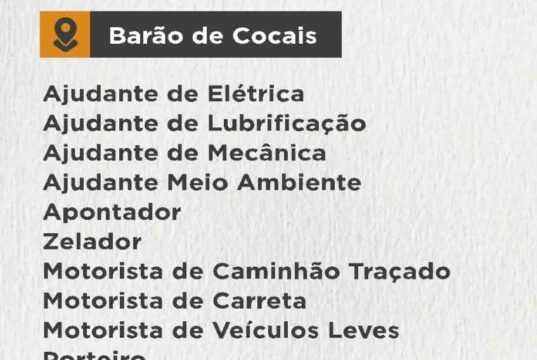 Empresa do setor de engenharia abre 10 funções diferentes em Barão de Cocais, saiba como se candidatar