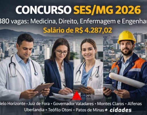 Concurso SES/MG 2026: 380 vagas nas área Medicina, Direito, Enfermagem e Engenharias com salário de R$ 4.287,02, veja as cidades!