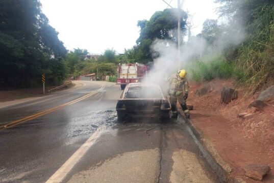 Veículo pega fogo após pane mecânica na MG-123, em Rio Piracicaba