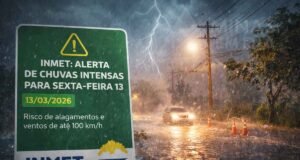 Atenção nesta sexta-feira 13; INMET emite aviso de chuvas intensas com risco de ventos de até 100 km/h