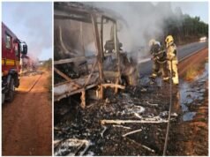 Micro-ônibus de time de futebol amador pega fogo na MG-214