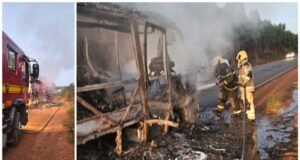 Micro-ônibus de time de futebol amador pega fogo na MG-214